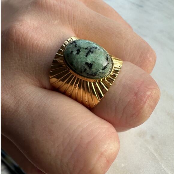 18K Gold Plated Stainless Steel Turquoise Geometric Vintage Band Ring - Picture 8 of 9